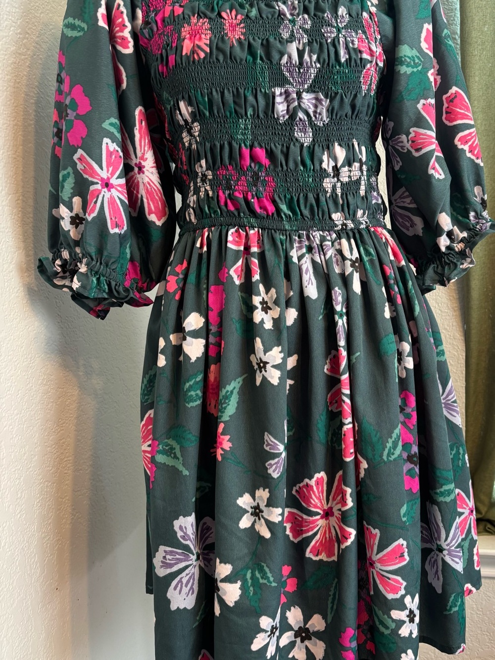 Girl Soul Smocked Dress - Dark Green with Pink & White Flowers boho size XL